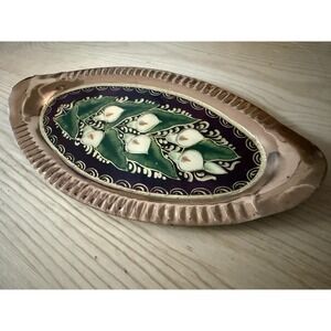 Vintage Enamel On Copper Oval Tray Hand Painted Cala Lily Floral  Design 9" x 5"